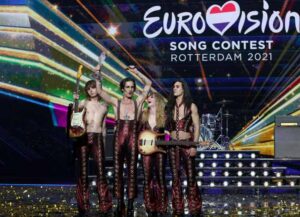ROTTERDAM, NETHERLANDS - MAY 22: (L-R) Thomas Raggi, Damiano David, Victoria De Angelis and Ethan Torchio of Måneskin from Italy react on stage to winning for the song “Zitti e buoni” (Shut Up And Be Quiet) during the 65th Eurovision Song Contest grand final held at Rotterdam Ahoy on May 22, 2021 in Rotterdam, Netherlands. (Photo by Dean Mouhtaropoulos/Getty Images)