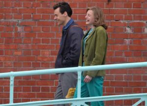 BRIGHTON, ENGLAND - MAY 13: Harry Styles and Emma Corrin seen on the set for "My Policeman" on May 13, 2021 in Brighton, England. (Photo by Tristan Fewings/Getty Images)