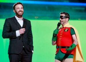 INGLEWOOD, CALIFORNIA: In this image released on May 2, (L-R) Ben Affleck and Jimmy Kimmel (in costume as Robin) speak onstage during Global Citizen VAX LIVE: The Concert To Reunite The World at SoFi Stadium in Inglewood, California. Global Citizen VAX LIVE: The Concert To Reunite The World will be broadcast on May 8, 2021. (Photo by Emma McIntyre/Getty Images for Global Citizen VAX LIVE)