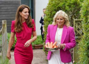 HAYLE, UNITED KINGDOM - JUNE 11: Catherine, Duchess of Cambridge (L) and U.S. First Lady Dr Jill Biden, carrying carrots for the school rabbit, Storm, during a visit to Connor Downs Academy, during the G7 summit in Cornwall on June 11, 2021 in Hayle, west Cornwall, England. (Photo by Aaron Chown/WPA Pool/Getty Images)