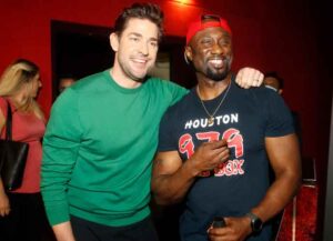 HOUSTON, TEXAS - MAY 28: John Krasinski (L) and J-Mac (R) attend Houston Screening of 'A Quiet Place Part II' at the Regal Edwards Houston Marq*E Screenx, 4DX, IMAX & RPX on May 28, 2021 in Houston, Texas. (Photo by Bob Levey/Getty Images for Paramount Pictures)