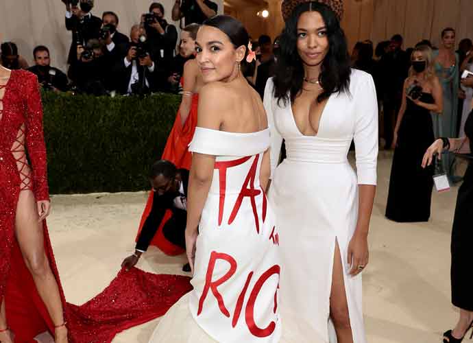 NEW YORK, NEW YORK - SEPTEMBER 13: Alexandria Ocasio-Cortez and Aurora James attend The 2021 Met Gala Celebrating In America: A Lexicon Of Fashion at Metropolitan Museum of Art on September 13, 2021 in New York City. (Photo by Dimitrios Kambouris/Getty Images for The Met Museum/Vogue )