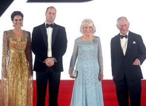 LONDON, ENGLAND - SEPTEMBER 28: Catherine, Duchess of Cambridge, Prince William, Duke of Cambridge, Camilla, Duchess of Cornwall, and Prince Charles, Prince of Wales attend the "No Time To Die" World Premiere at Royal Albert Hall on September 28, 2021 in London, England. (Photo by Dave J Hogan/Getty Images)