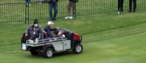 KOHLER, WISCONSIN - SEPTEMBER 23: Tom Felton is carted off the course after collapsing during the celebrity matches ahead of the 43rd Ryder Cup at Whistling Straits on September 23, 2021 in Kohler, Wisconsin. (Photo by Richard Heathcote/Getty Images)