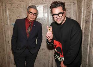 NEW YORK, NEW YORK - OCTOBER 25: Eugene Levy and Dan Levy are seen during the "Best Wishes, Warmest Regards" book launch at The Beacon Theatre on October 25, 2021 in New York City. (Photo by Arturo Holmes/Getty Images)