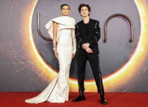 LONDON, ENGLAND - OCTOBER 18: (L-R) Zendaya and Timothée Chalamet attend the UK Special Screening of "Dune" at Odeon Luxe Leicester Square on October 18, 2021 in London, England. (Photo by Tim P. Whitby/Tim P. Whitby/Getty Images for Warner Bros)