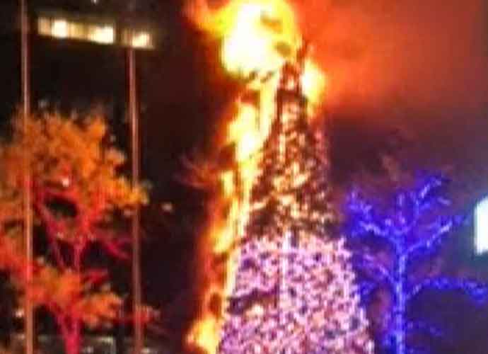 Fox News' Christmas tree set on fire (Image: YouTube)