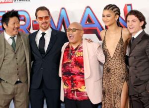 LOS ANGELES, CA - DECEMBER 13: Benedict Wong, Benedict Cumberbatch, Jacob Batalon, Zendaya and Tom Holland attend Sony Pictures' "Spider-Man: No Way Home" Los Angeles Premiere held at The Regency Village Theatre on December 13, 2021 in Los Angeles, California. (Photo by Albert L. Ortega/Getty Images)