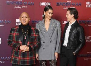 LONDON, ENGLAND - DECEMBER 05: (L-R) Jacob Batalon, Zendaya and Tom Holland attend a photocall for "Spiderman: No Way Home" at The Old Sessions House on December 05, 2021 in London, England. (Photo by Gareth Cattermole/Getty Images)
