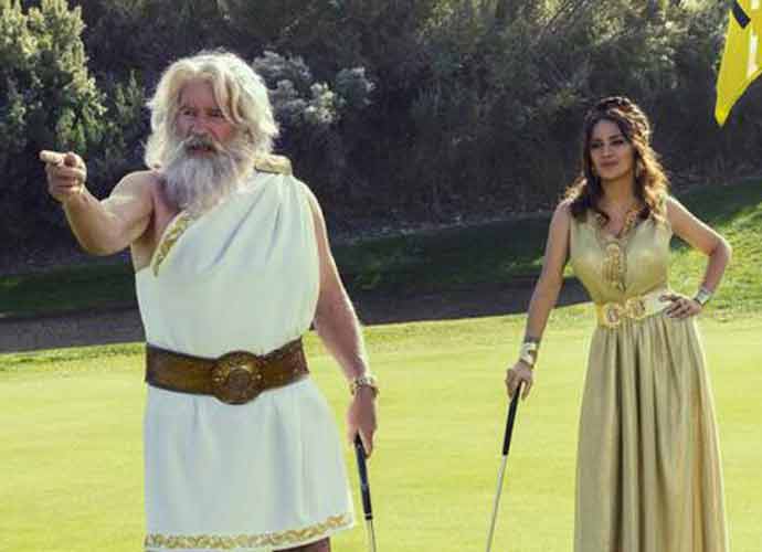 Arnold Schwarzenegger & Salma Hayek Play Retired Greek Gods In BMW Super Bowl Ad (Image: BMW)