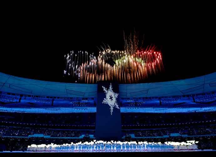 BEIJING, CHINA - FEBRUARY 04: General View inside the stadium of the Olympic Cauldron as a firework display is seen above during the Opening Ceremony of the Beijing 2022 Winter Olympics at the Beijing National Stadium on February 04, 2022 in Beijing, China. (Photo by David Ramos/Getty Images)