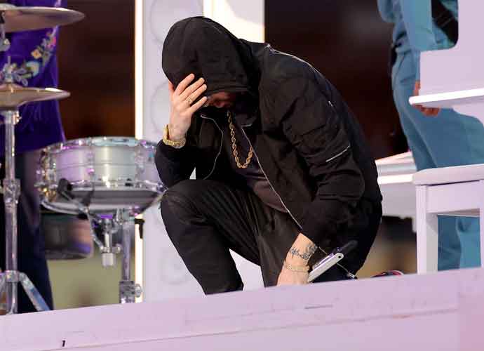 NGLEWOOD, CALIFORNIA - FEBRUARY 13: Eminem performs during the Pepsi Super Bowl LVI Halftime Show at SoFi Stadium on February 13, 2022 in Inglewood, California. (Photo by Kevin C. Cox/Getty Images)