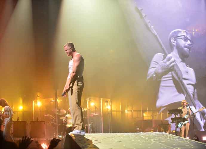 MIAMI, FL - FEBRUARY 06: Wayne Sermon, Dan Reynolds, Daniel Platzman and Ben McKee of Imagine Dragons perform live on stage during opening night of 'the Mercury World Tour' at FTX Arena on February 6, 2022 in Miami, Florida. (Photo by Johnny Louis/Getty Images)