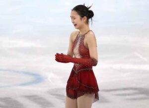 BEIJING, CHINA - FEBRUARY 07: Yi Zhu of Team China reacts during the Women Single Skating Free Skating Team Event on day three of the Beijing 2022 Winter Olympic Games at Capital Indoor Stadium on February 07, 2022 in Beijing, China. (Photo by Jean Catuffe/Getty Images)