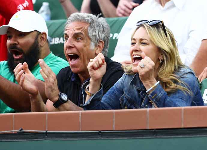 INDIAN WELLS, CALIFORNIA - MARCH 19: Actor Ben Stiller and his actress wife Christine Taylor watch Rafael Nadal of Spain play against Carlos Alcaraz of Spain in their semifinal match on Day 13 of the BNP Paribas Open at the Indian Wells Tennis Garden on March 19, 2022 in Indian Wells, California. (Photo by Clive Brunskill/Getty Images)