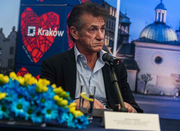 KRAKOW, POLAND - MARCH 23: Sean Penn speaks to the media after signing a humanitarian contract with the Mayor of Krakow, Jacek Majchrowski at the City Hall on March 23, 2022 in Krakow, Poland. Sean Penn founded the CORE (Community Organized Relief Effort) foundation in 2010 to help the victims of the Haiti earthquake, and it is now assisting Ukrainian refugees in Poland. (Photo by Omar Marques/Getty Images)