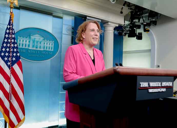 WASHINGTON, DC - MARCH 31: Jeopardy champion Amy Schneider talks with reporters in the James S. Brady Press Briefing Room of the White House on March 31, 2022 in Washington, DC. In honor of International Transgender Day of Visibility, Schneider, the first openly transgender Jeopardy winner, visited the White House to meet with Second Gentleman Doug Emhoff and discuss the advancement transgender rights. (Photo by Anna Moneymaker/Getty Images)