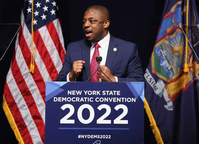 NEW YORK, NEW YORK - FEBRUARY 17: New York Lt. Gov. Brian Benjamin speaks during the 2022 New York State Democratic Convention at the Sheraton New York Times Square Hotel on February 17, 2022 in New York City. Former Secretary of State Hillary Clinton gave the keynote address during the second day of the New York Democratic Convention where the party organized the party's platform and nominated candidates for statewide offices that will be on the ballot this year including the nomination of Gov. Kathy Hochul and her Lt. Gov. Brian Benjamin. (Photo by Michael M. Santiago/Getty Images)