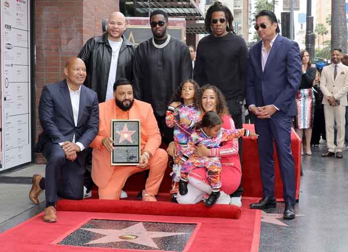 HOLLYWOOD, CALIFORNIA - APRIL 11: Fat Joe, DJ Khaled, Aalam Khaled, Sean Combs, Asahd Tuck Khaled, Nicole Tuck and Jay-Z attend the Hollywood Walk of Fame Star Ceremony for DJ Khaled on April 11, 2022 in Hollywood, California. (Photo by Kevin Winter/Getty Images)
