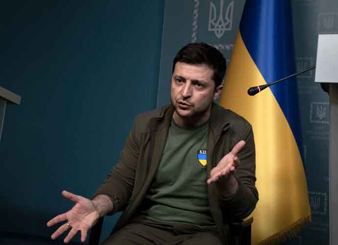 KYIV,UKRAINE - MARCH 3: Ukrainian President Volodymyr Zelensky speaks at a press conference for selected media at his official residence the Maryinsky Palace on March 3,2022 in Kyiv, Ukraine. (Photo by Laurent Van der Stockt for Le Monde/Getty Images)