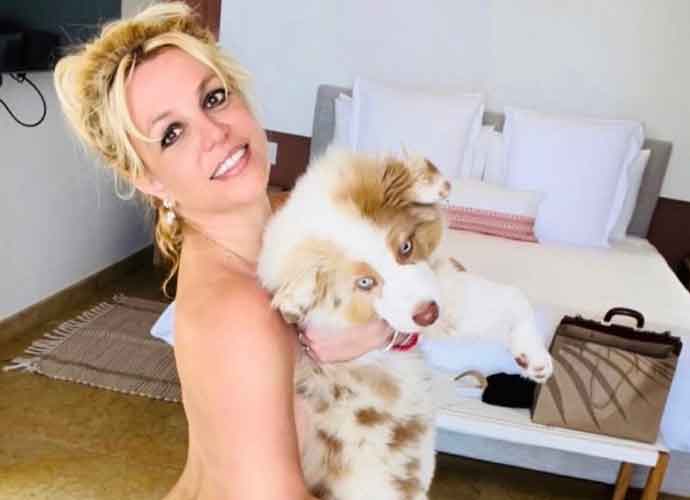 Britney Spears poses nwith her dog, Sawyer (Image: Instagram)