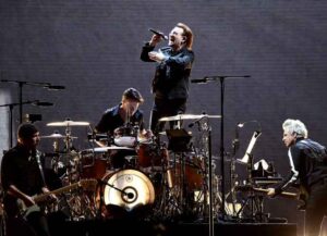 SEOUL, SOUTH KOREA - DECEMBER 08: (L-R) The Edge, Larry Mullen Jr.,Bono and Adam Clayton of U2 perform at the Gocheok Sky Dome on December 08, 2019 in Seoul, South Korea. (Photo by Chung Sung-Jun/Getty Images)