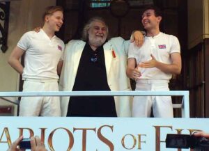 Vangelis with Jack Lowden and James McArdle at London premiere of 'Chariots of Fire' stage show in July, 2012 (Image: Wikimedia)