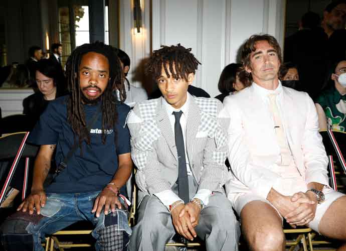PARIS, FRANCE - JUNE 26: (L-R) Earl Sweatshirt, Jaden Smith and Lee Pace attend the Thom Browne Menswear Spring Summer 2023 show as part of Paris Fashion Week on June 26, 2022 in Paris, France. (Photo by Julien Hekimian/Getty Images)