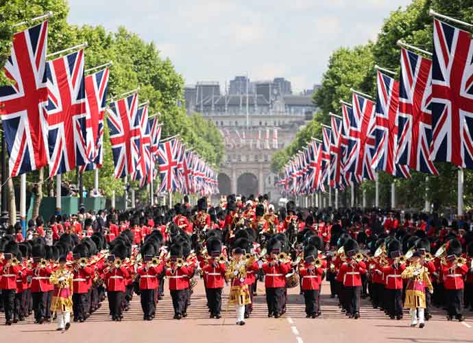 LONDON, ENGLAND - JUNE 02: The massed bands of the Guards division parade down the mall as they return from the trooping of the colour ceremony on the first day of celebrations for the Queen's Platinum jubilee on June 2, 2022 in London, England.Trooping The Colour, also known as The Queen's Birthday Parade, is a military ceremony performed by regiments of the British Army that has taken place since the mid-17th century. It marks the official birthday of the British Sovereign. This year, from June 2 to June 5, 2022, there is the added celebration of the Platinum Jubilee of Elizabeth II in the UK and Commonwealth to mark the 70th anniversary of her accession to the throne on 6 February 1952. (Photo by Richard Pohle - WPA Pool/Getty Images)