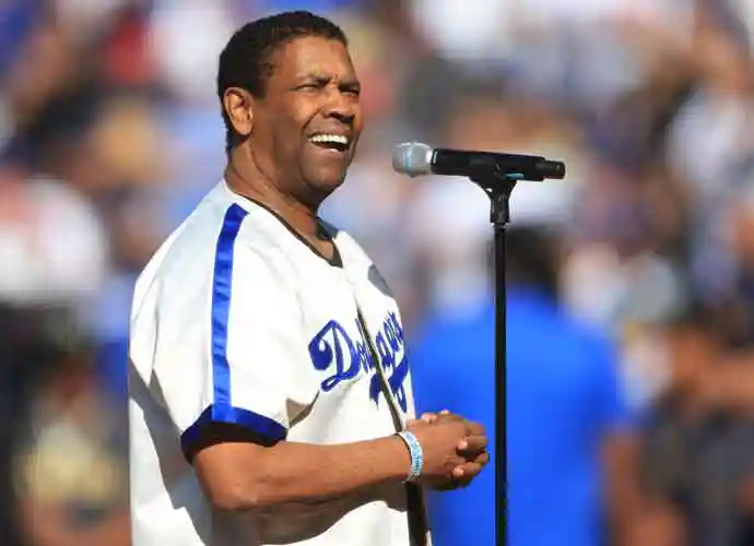 LOS ANGELES, CALIFORNIA - JULY 19: Denzel Washington leads a tribute to Jackie Robinson before the 92nd MLB All-Star Game presented by Mastercard at Dodger Stadium on July 19, 2022 in Los Angeles, California. (Photo by Sean M. Haffey/Getty Images)
