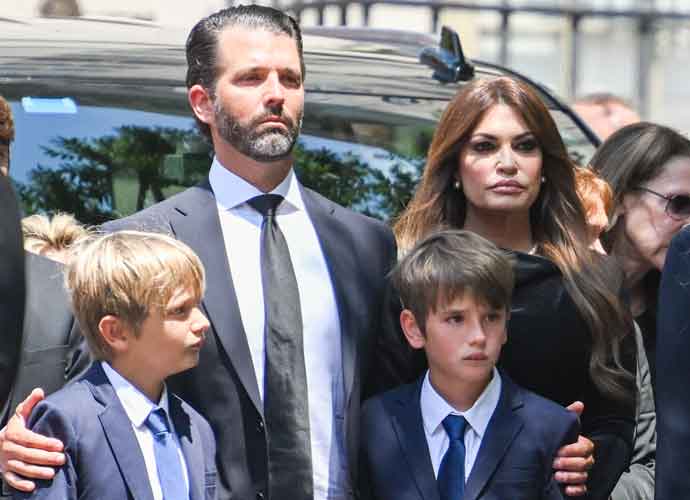 NEW YORK, NEW YORK - JULY 20: Donald Trump Jr. and Kimberly Guilfoyle arrive for the funeral of Ivana Trump at St. Vincent Ferrer Roman Catholic Church July 20, 2022 in New York City. Trump, the first wife of former U.S. president Donald Trump, died at the age of 73 after a fall down the stairs of her Manhattan home. (Photo by Alexi J. Rosenfeld/Getty Images)