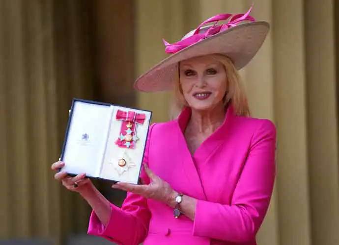 LONDON, ENGLAND - JULY 14: Dame Joanna Lumley poses after being made a Dame Commander for services to drama, entertainment and charity at a investiture ceremony at Buckingham Palace on July 14, 2022 in London, England. (Photo by Victoria Jones-Pool/Getty Images)