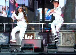 NEW YORK, NEW YORK - JULY 26: McKenzi Brooke and Reif Harrison perform during "Wonderama" takes over Times Square on July 26, 2022 in New York City. (Photo by John Lamparski/Getty Images)