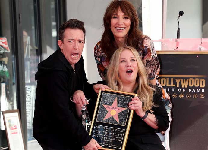 LOS ANGELES, CALIFORNIA - NOVEMBER 14: (L-R) David Faustino, Katey Sagal, and Christina Applegate pose with Christina Applegate's star during her Hollywood Walk of Fame Ceremony at Hollywood Walk Of Fame on November 14, 2022 in Los Angeles, California. (Photo by Phillip Faraone/Getty Images)