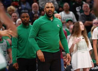 BOSTON, MASSACHUSETTS - JUNE 16: Head coach Ime Udoka of the Boston Celtics reacts against the Golden State Warriors during the third quarter in Game Six of the 2022 NBA Finals at TD Garden on June 16, 2022 in Boston, Massachusetts. NOTE TO USER: User expressly acknowledges and agrees that, by downloading and/or using this photograph, User is consenting to the terms and conditions of the Getty Images License Agreement. (Photo by Elsa/Getty Images)