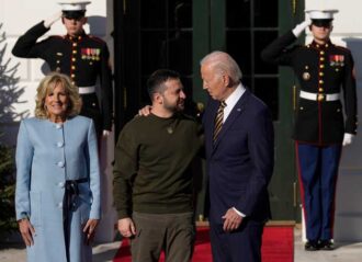 WASHINGTON, DC - DECEMBER 21: U.S. President Joe Biden (R) and first lady Jill Biden welcome President of Ukraine Volodymyr Zelensky to the White House on December 21, 2022 in Washington, DC. Zelensky is meeting with President Biden on his first known trip outside of Ukraine since the Russian invasion began, and the two leaders are expected to discuss continuing military aid. Zelensky will reportedly address a joint meeting of Congress in the evening. (Photo by Drew Angerer/Getty Images)