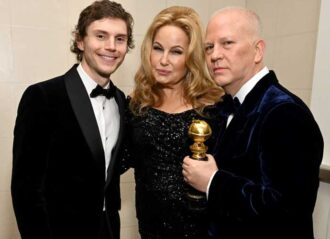 BEVERLY HILLS, CALIFORNIA - JANUARY 10: (L-R) Evan Peters, winner of the Best Actor - Limited Series, Anthology Series or Television Motion Picture award for "Dahmer - Monster: The Jeffrey Dahmer Story", Jennifer Coolidge, winner of the Best Supporting Actress in a Limited or Anthology Series or Television Film award for "The White Lotus", and Ryan Murphy, winner of the Carol Burnett Award, celebrate the 80th Annual Golden Globe Awards with Moët And Chandon at The Beverly Hilton on January 10, 2023 in Beverly Hills, California. (Photo by Michael Kovac/Getty Images for Moët and Chandon)