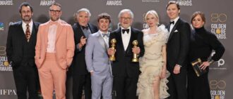 BEVERLY HILLS, CALIFORNIA - JANUARY 10: (L-R) Tony Kushner, Seth Rogen, Judd Hirsch, Gabriel LaBelle, Steven Spielberg, Michelle Williams, Paul Dano, and Kristie Macosko Krieger, winners of Best Picture - Drama for "The Fabelmans", pose in the press room during the 80th Annual Golden Globe Awards at The Beverly Hilton on January 10, 2023 in Beverly Hills, California. (Photo by Amy Sussman/Getty Images)