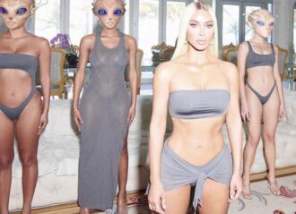 Kim Kardashian poses with aliens in Skims photos (Image: Instagram)