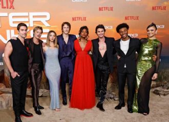 LOS ANGELES, CALIFORNIA - FEBRUARY 16: (L-R) Austin North, Rudy Pankow, Madelyn Cline, Drew Starkey, Carlacia Grant, Chase Stokes, Jonathan Daviss and Madison Bailey attend the Premiere of Netflix's "Outer Banks" Season 3 at Regency Village Theatre on February 16, 2023 in Los Angeles, California. (Photo by Frazer Harrison/Getty Images)