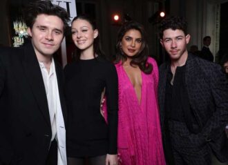 PARIS, FRANCE - MARCH 05: (L to R) Brooklyn Beckham, Nicola Peltz, Priyanka Chopra and Nick Jonas attend the Valentino Womenswear Fall Winter 2023-2024 show as part of Paris Fashion Week on March 05, 2023 in Paris, France. (Photo by Pascal Le Segretain/Getty Images)