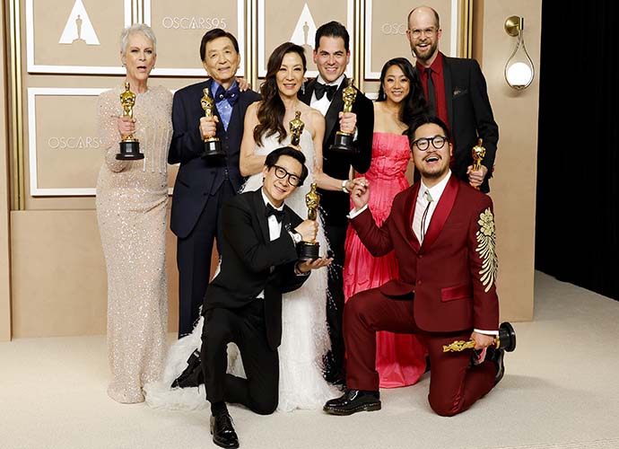 HOLLYWOOD, CALIFORNIA - MARCH 12: (L-R top row) Jamie Lee Curtis, winner of the Best Supporting Actress award, James Hong, Michelle Yeoh, winner of the Best Actress in a Leading Role award, Jonathan Wang, winner of the Best Picture award, Stephanie Hsu, Daniel Scheinert, winner of the Best Director and Best Picture award and (L-R bottom row) Ke Huy Quan, winner of the Best Actor In A Supporting Role award and Dan Kwan, winner of the Best Director and Best Picture award for 