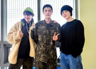 BTS star Jin poses in Korean Army uniform with bandmates J-Hope and Jimin (Image: Instagram)