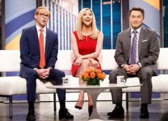 SATURDAY NIGHT LIVE “Travis Kelce, Kelsea Ballerini” Episode 1840 -- Pictured: (l-r) Mikey Day as Steve Doocy, Heidi Gardner as Ainsley Earhardt, and Bowen Yang as Brian Kilmeade during the “Fox & Friends Dominion” Cold Open on Saturday, March 4, 2023 (Photo by: Will Heath/NBC)