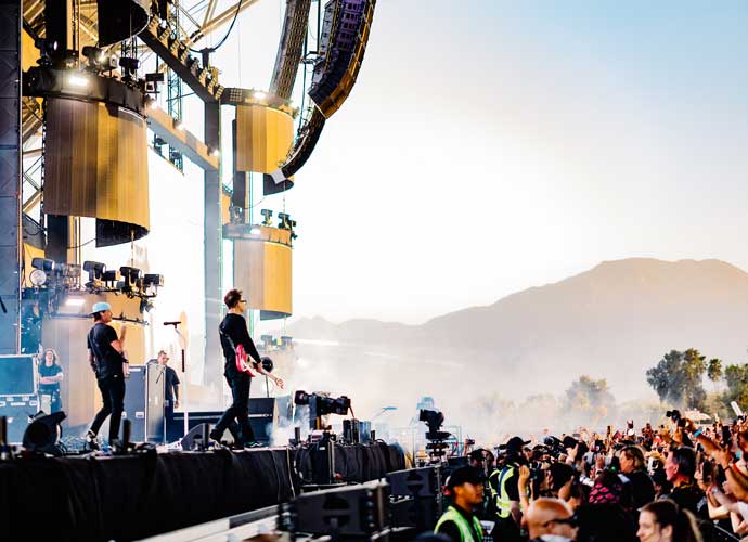 INDIO, CALIFORNIA - APRIL 14: Mark Hoppus and Tom DeLonge of Blink-182 performs at the Sahara Tent during the 2023 Coachella Valley Music and Arts Festival on April 14, 2023 in Indio, California. (Photo by Matt Winkelmeyer/Getty Images for Coachella)