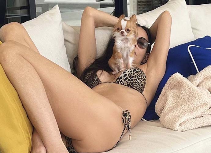 Demi Moore in bikini with Chihuahua sitting on her chest (Image: Instagram)