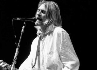 Singer and guitarist Kurt Cobain of the rock band Nirvana is shown performing on stage during a "live" concert appearance on November 10, 1993. (Photo by John Atashian/Getty Images)