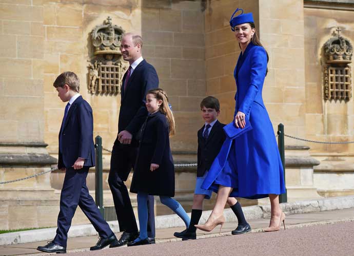 WINDSOR, ENGLAND - APRIL 09: (L-R) Prince George of Wales, Prince William, Prince of Wales, Princess Charlotte of Wales, Prince Louis of Wales and Catharine, Princess of Wales attend the Easter Mattins Service at Windsor Castle on April 9, 2023 in Windsor, England. (Photo by Yui Mok - WPA Pool/Getty Images)