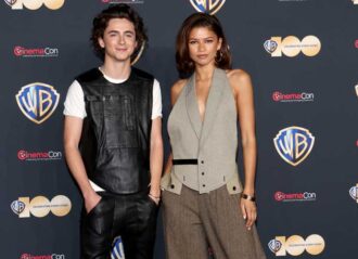 LAS VEGAS, NEVADA - APRIL 25: Timothee Chalamet (L) and Zendaya pose for photos as they promote the upcoming film "Dune: Part Two" during the Warner Bros. Pictures presentation at The Colosseum at Caesars Palace during CinemaCon, the official convention of the National Association of Theatre Owners, on April 25, 2023, in Las Vegas, Nevada. (Photo by Gabe Ginsberg/Getty Images)