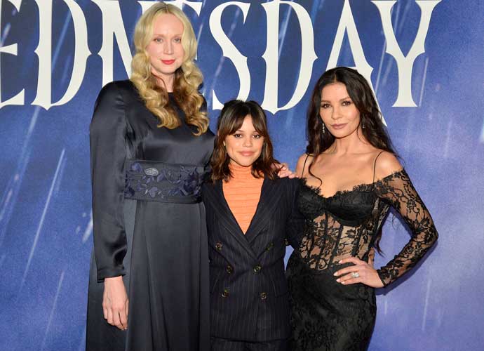 HOLLYWOOD, CALIFORNIA - APRIL 29: (L-R) Gwendoline Christie, Jenna Ortega and Catherine Zeta-Jones attend Netflix's 